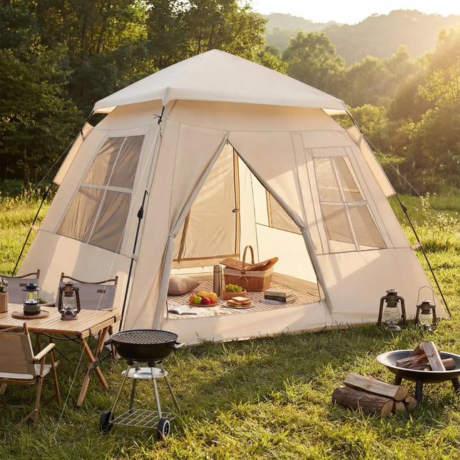 4 Person Camping Tent Portable Automatic Easy Setup with Rainfly and 2 Doors - Beige - Tents