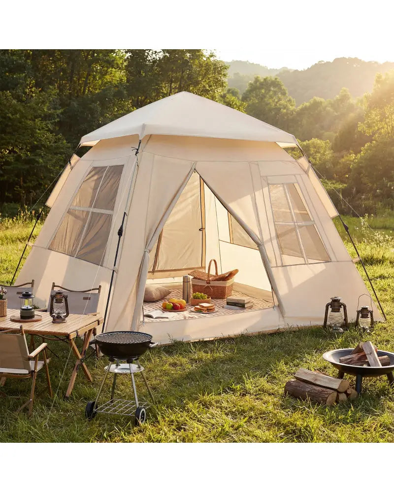4 Person Camping Tent Portable Automatic Easy Setup with Rainfly and 2 Doors - Beige - Tents