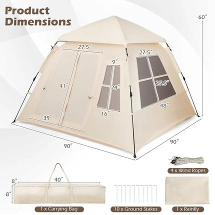 4 Person Camping Tent Portable Automatic Easy Setup with Rainfly and 2 Doors - Beige - Tents