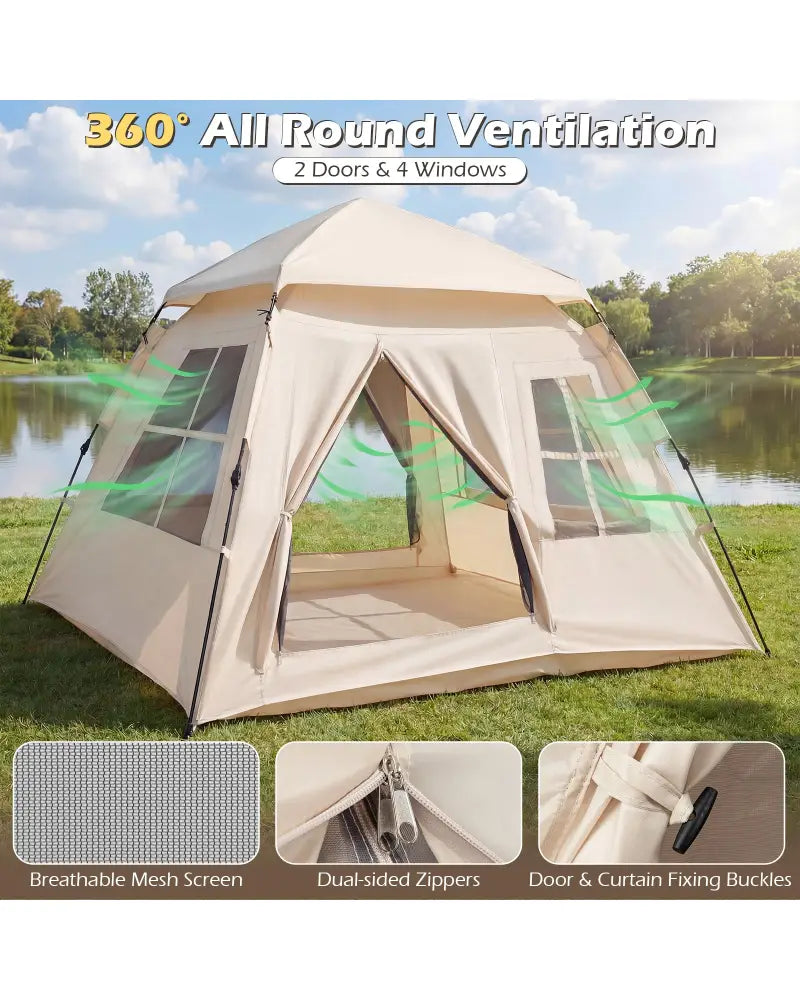 4 Person Camping Tent Portable Automatic Easy Setup with Rainfly and 2 Doors - Beige - Tents
