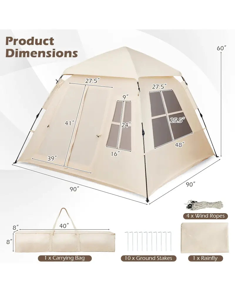 4 Person Camping Tent Portable Automatic Easy Setup with Rainfly and 2 Doors - Beige - Tents
