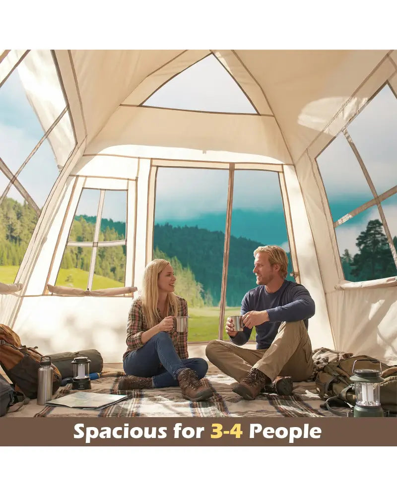 4 Person Camping Tent Portable Automatic Easy Setup with Rainfly and 2 Doors - Beige - Tents