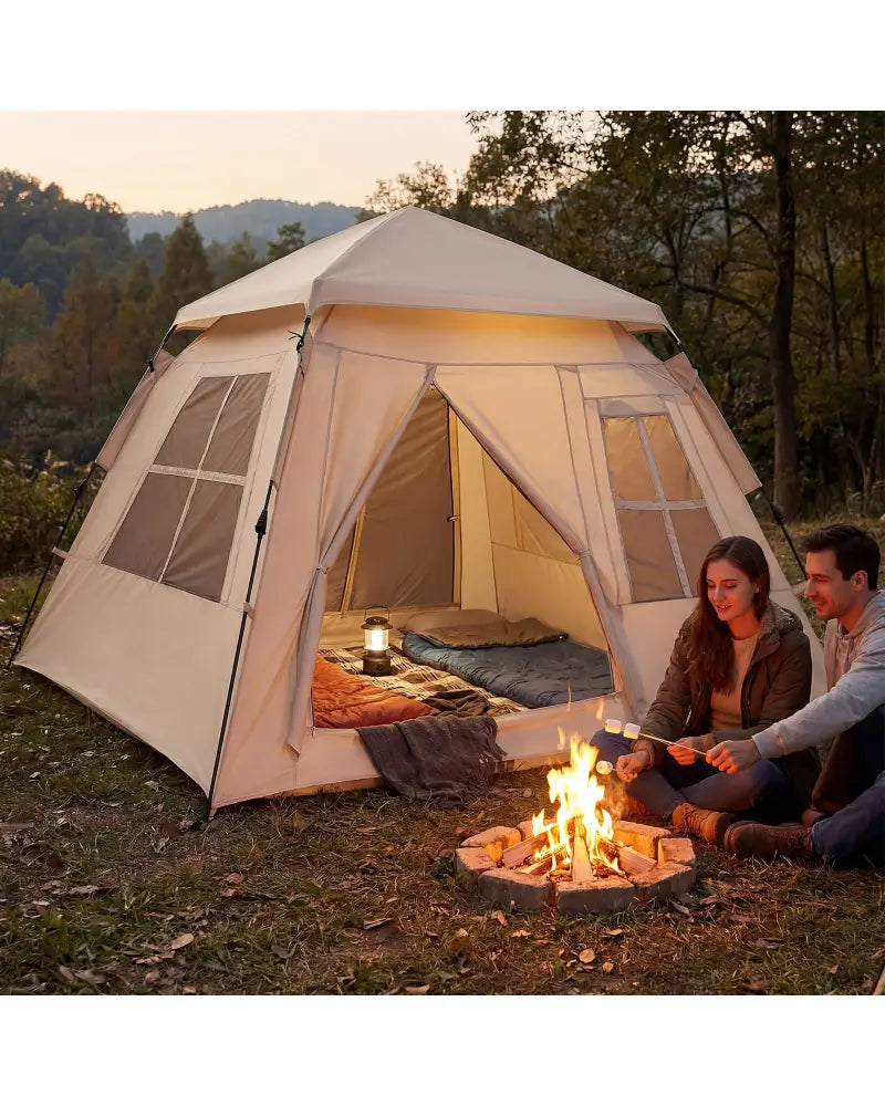 4 Person Camping Tent Portable Automatic Easy Setup with Rainfly and 2 Doors - Beige - Tents