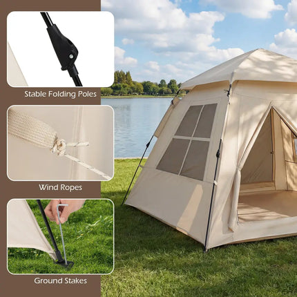 4 Person Camping Tent Portable Automatic Easy Setup with Rainfly and 2 Doors - Beige - Tents