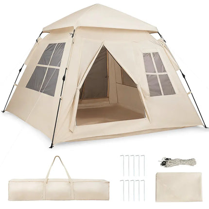 4 Person Camping Tent Portable Automatic Easy Setup with Rainfly and 2 Doors - Beige - Tents