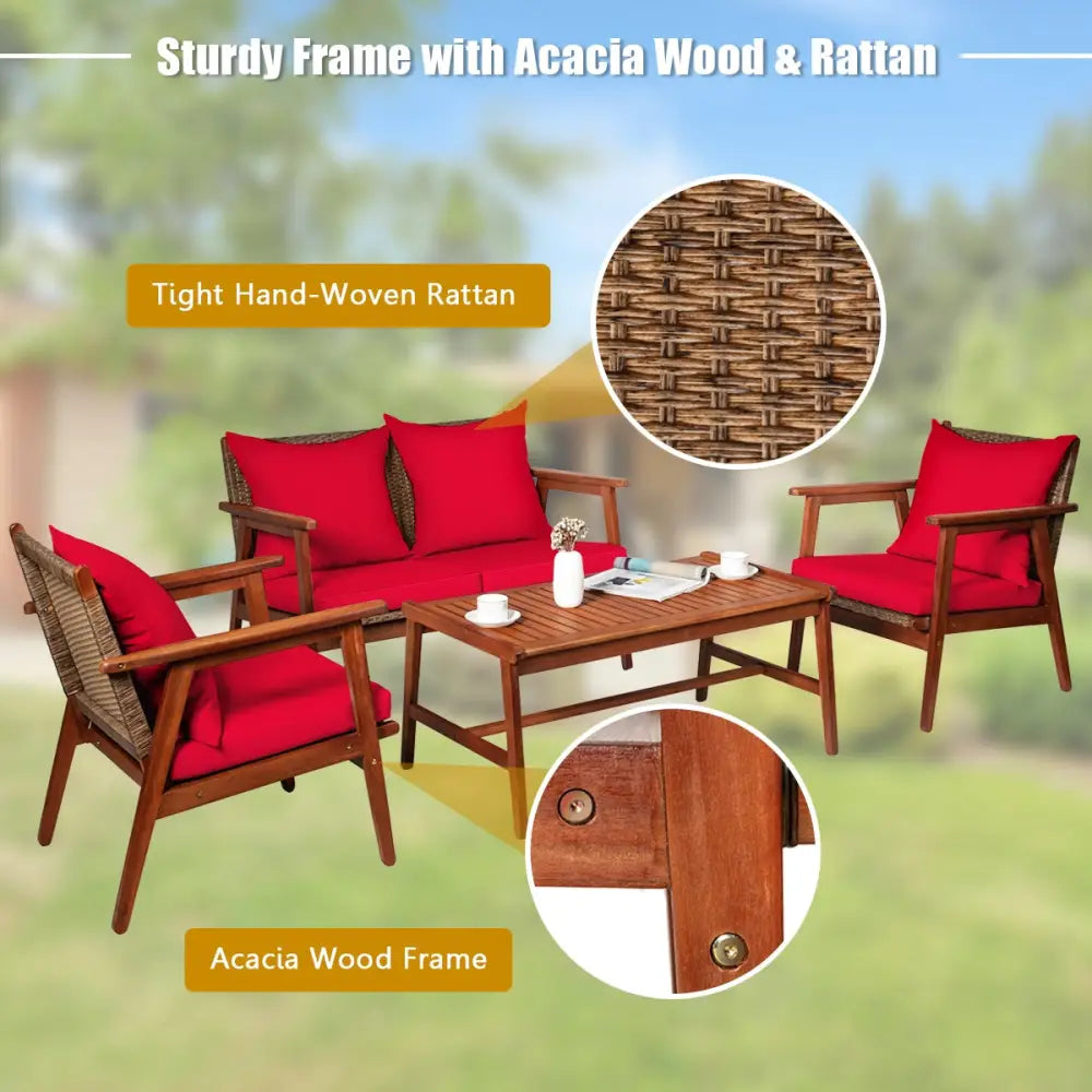 4 Piece Acacia Wood Patio Rattan Furniture Set-Red - Red - Patio Furniture Sets