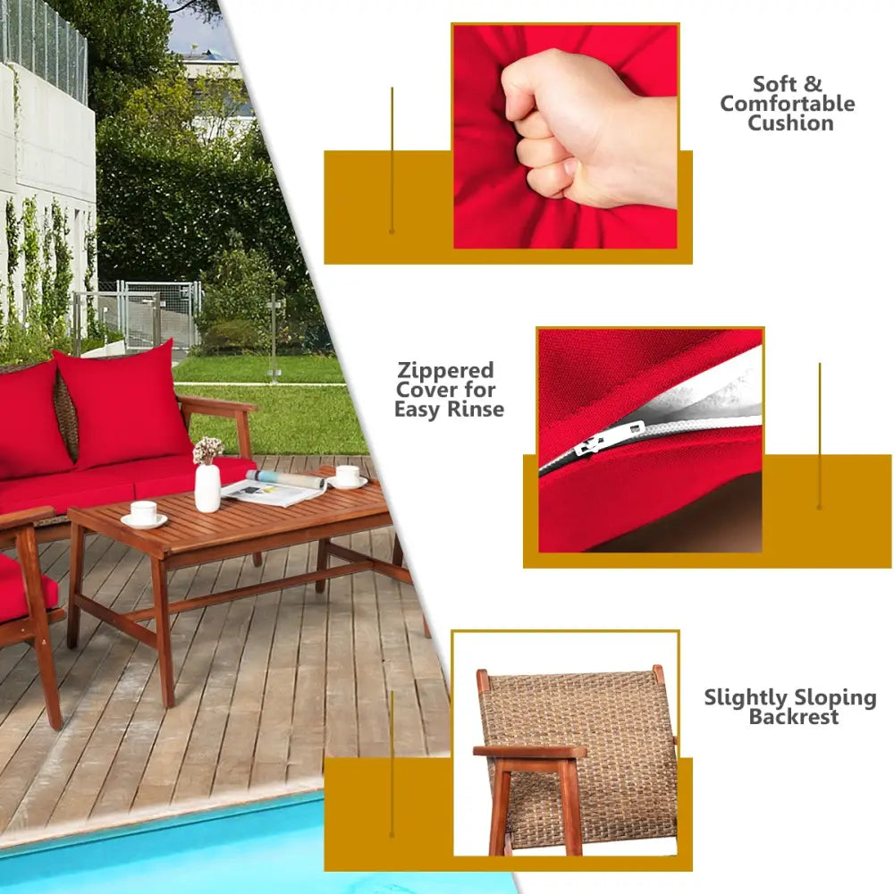 4 Piece Acacia Wood Patio Rattan Furniture Set-Red - Red - Patio Furniture Sets