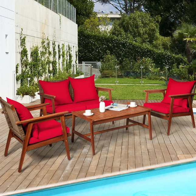 4 Piece Acacia Wood Patio Rattan Furniture Set-Red - Red - Patio Furniture Sets