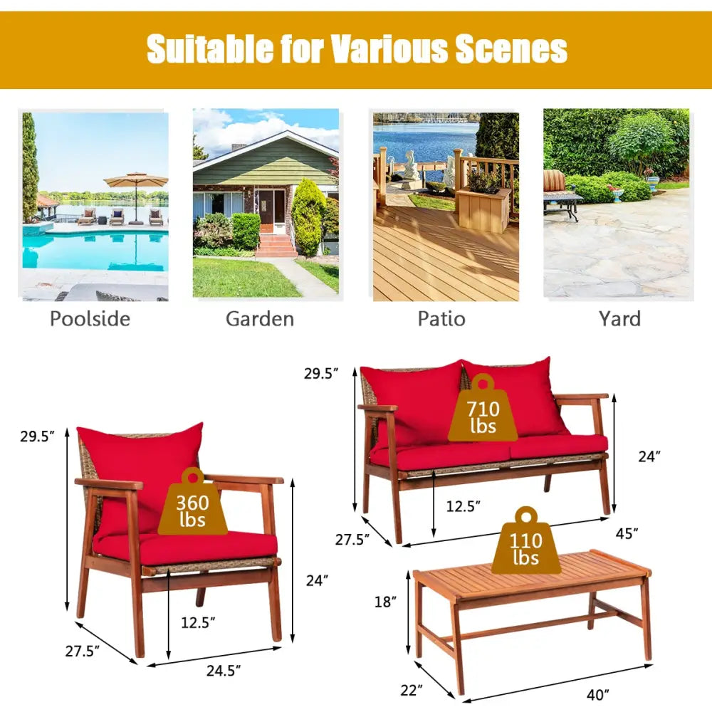 4 Piece Acacia Wood Patio Rattan Furniture Set-Red - Red - Patio Furniture Sets