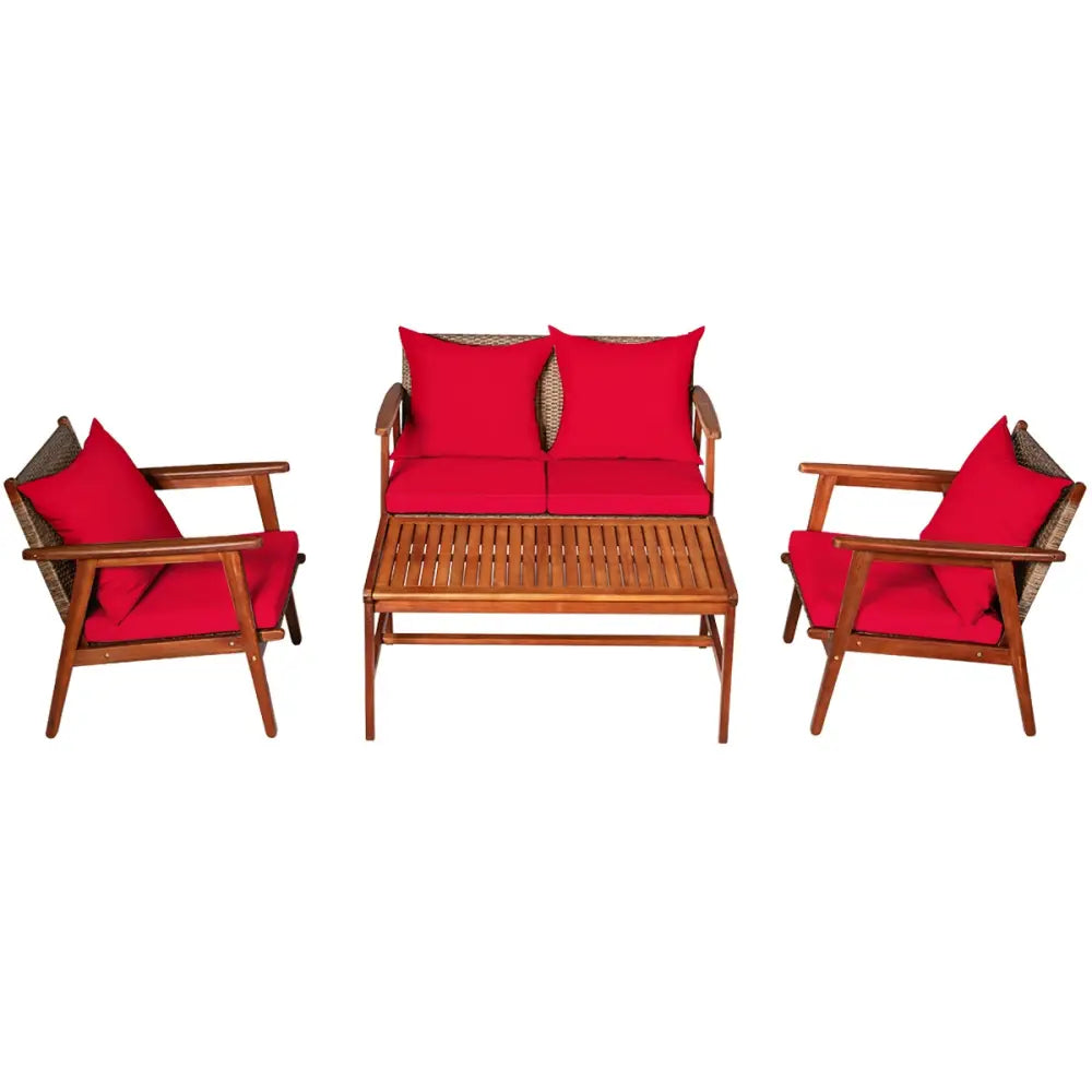 4 Piece Acacia Wood Patio Rattan Furniture Set-Red - Red - Patio Furniture Sets