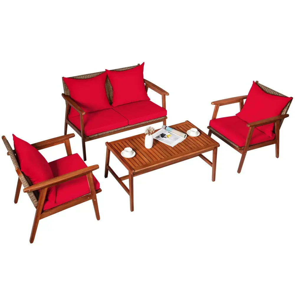4 Piece Acacia Wood Patio Rattan Furniture Set-Red - Red - Patio Furniture Sets