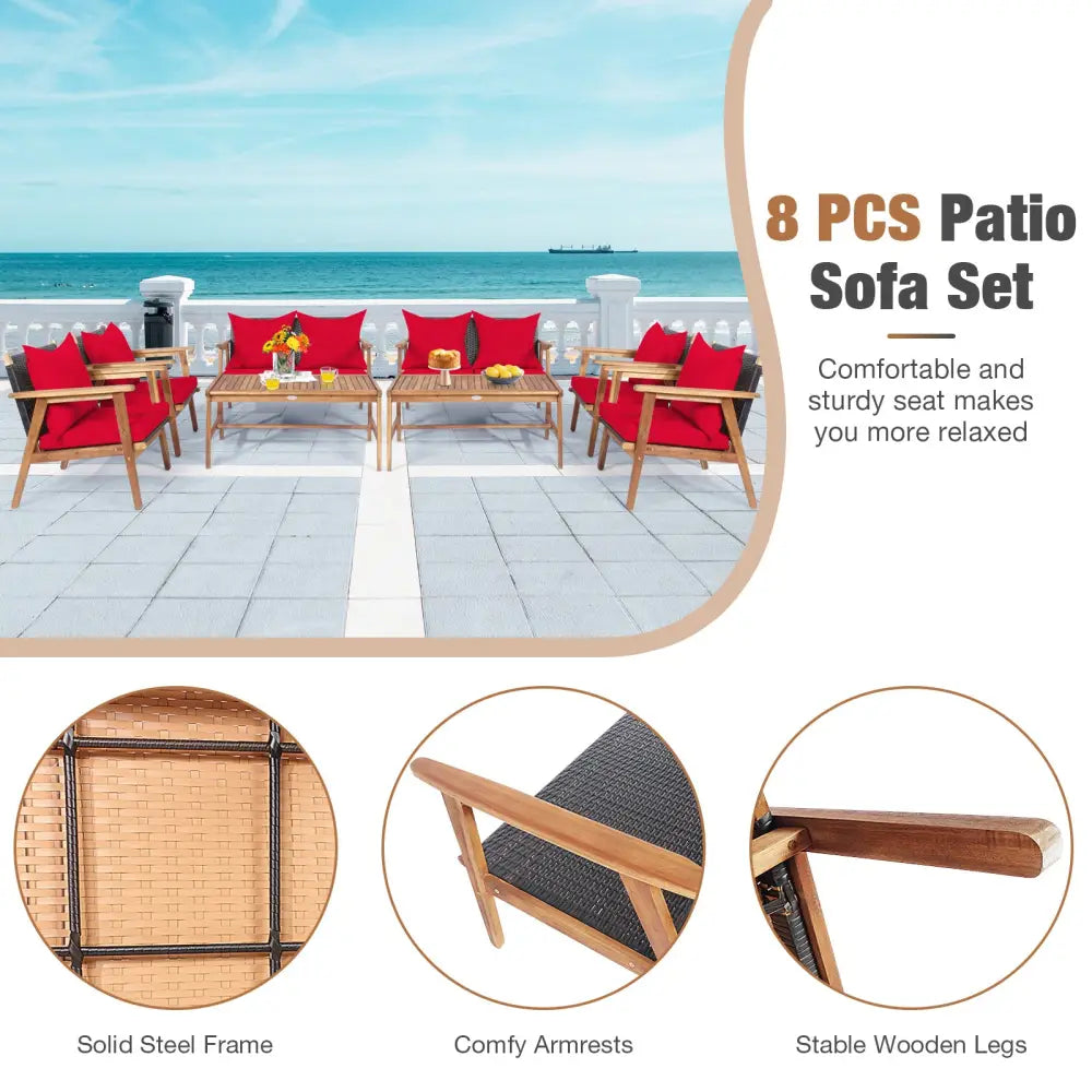 4 Piece Acacia Wood Patio Rattan Furniture Set-Red - Red - Patio Furniture Sets