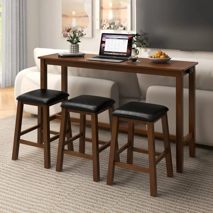 4-Piece Bar Table Set Counter-Height Table and 3 PVC Leather Upholstered Bar Stools-Brown Costway