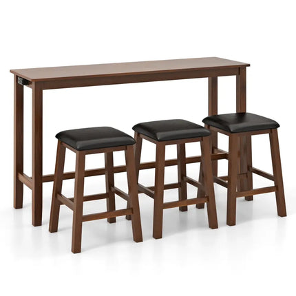 4-Piece Bar Table Set Counter-Height Table and 3 PVC Leather Upholstered Bar Stools-Brown Costway