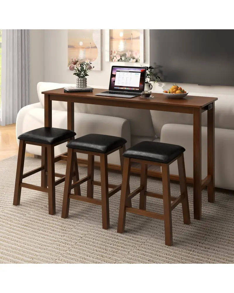 4-Piece Bar Table Set Counter-Height Table and 3 PVC Leather Upholstered Bar Stools-Brown - Brown - Dining Room Sets