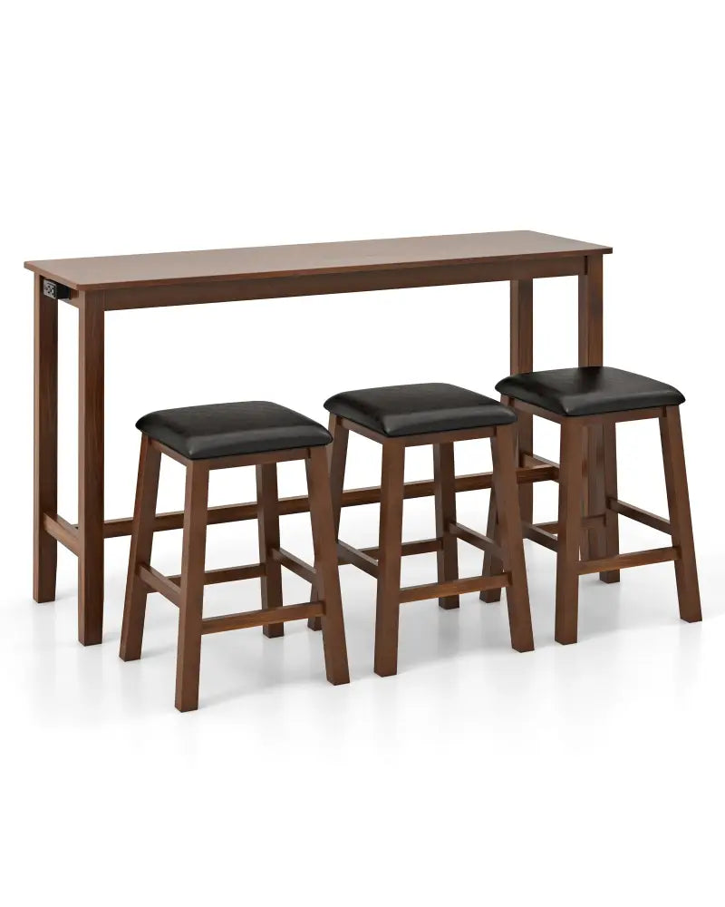 4-Piece Bar Table Set Counter-Height Table and 3 PVC Leather Upholstered Bar Stools-Brown - Brown - Dining Room Sets