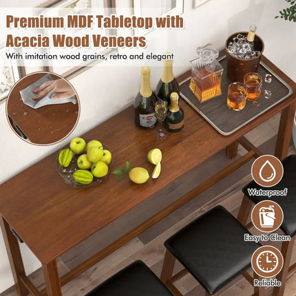 4-Piece Bar Table Set Counter-Height Table and 3 PVC Leather Upholstered Bar Stools-Brown Costway