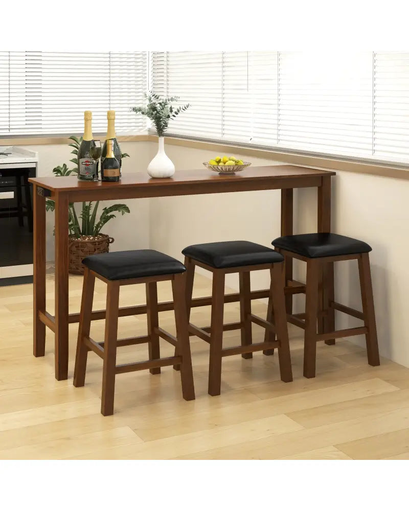4-Piece Bar Table Set Counter-Height Table and 3 PVC Leather Upholstered Bar Stools-Brown - Brown - Dining Room Sets