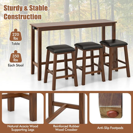 4-Piece Bar Table Set Counter-Height Table and 3 PVC Leather Upholstered Bar Stools-Brown Costway