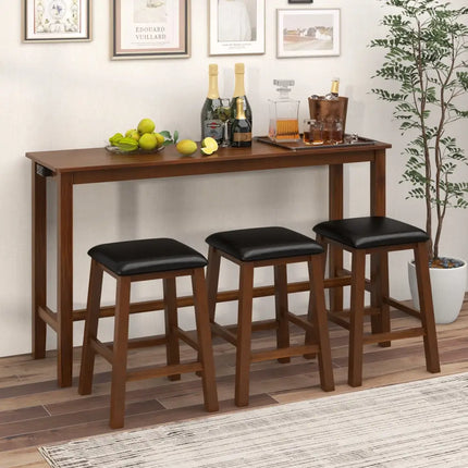4-Piece Bar Table Set Counter-Height Table and 3 PVC Leather Upholstered Bar Stools-Brown Costway