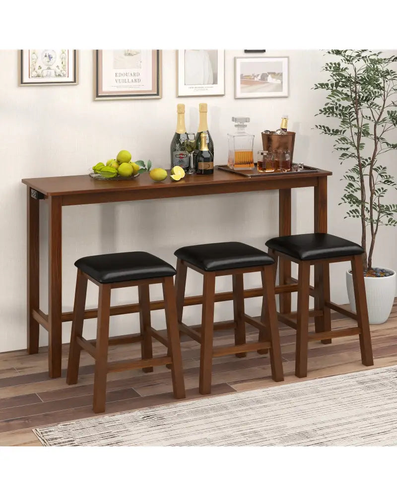 4-Piece Bar Table Set Counter-Height Table and 3 PVC Leather Upholstered Bar Stools-Brown - Brown - Dining Room Sets
