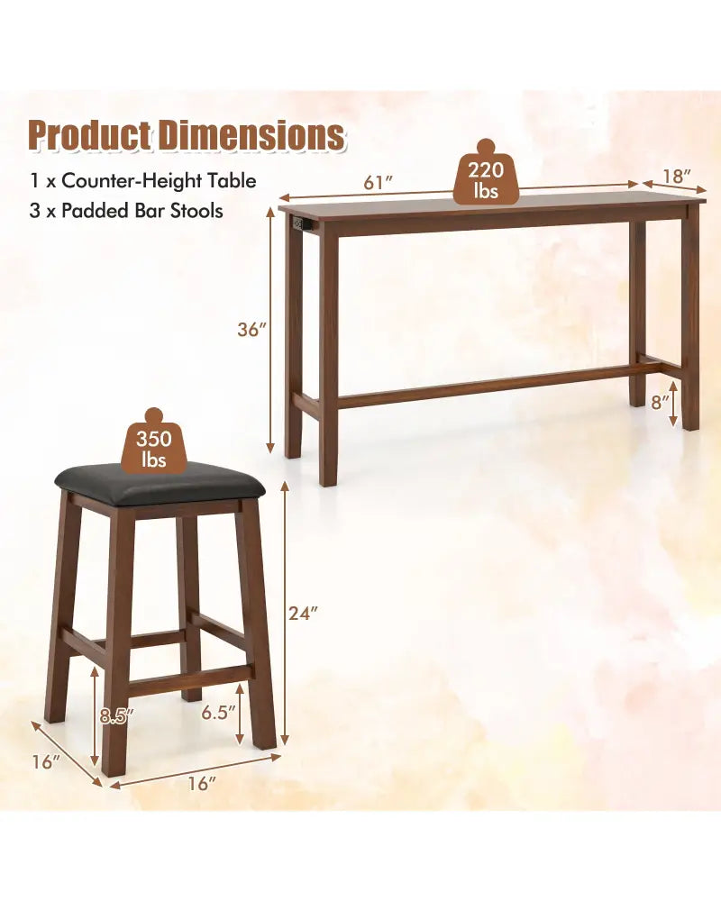 4-Piece Bar Table Set Counter-Height Table and 3 PVC Leather Upholstered Bar Stools-Brown - Brown - Dining Room Sets