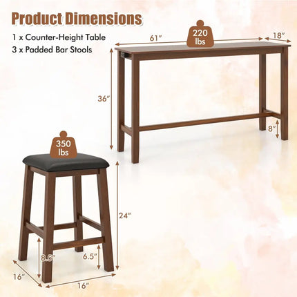 4-Piece Bar Table Set Counter-Height Table and 3 PVC Leather Upholstered Bar Stools-Brown Costway