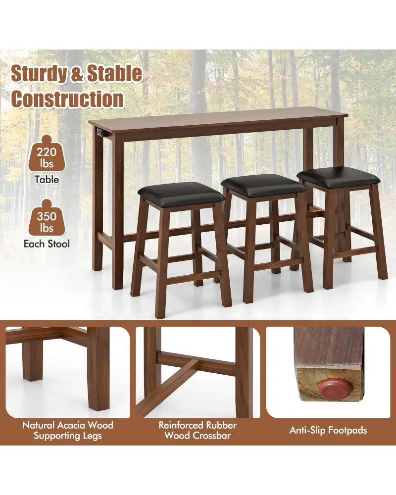 4-Piece Bar Table Set Counter-Height Table and 3 PVC Leather Upholstered Bar Stools-Brown - Brown - Dining Room Sets
