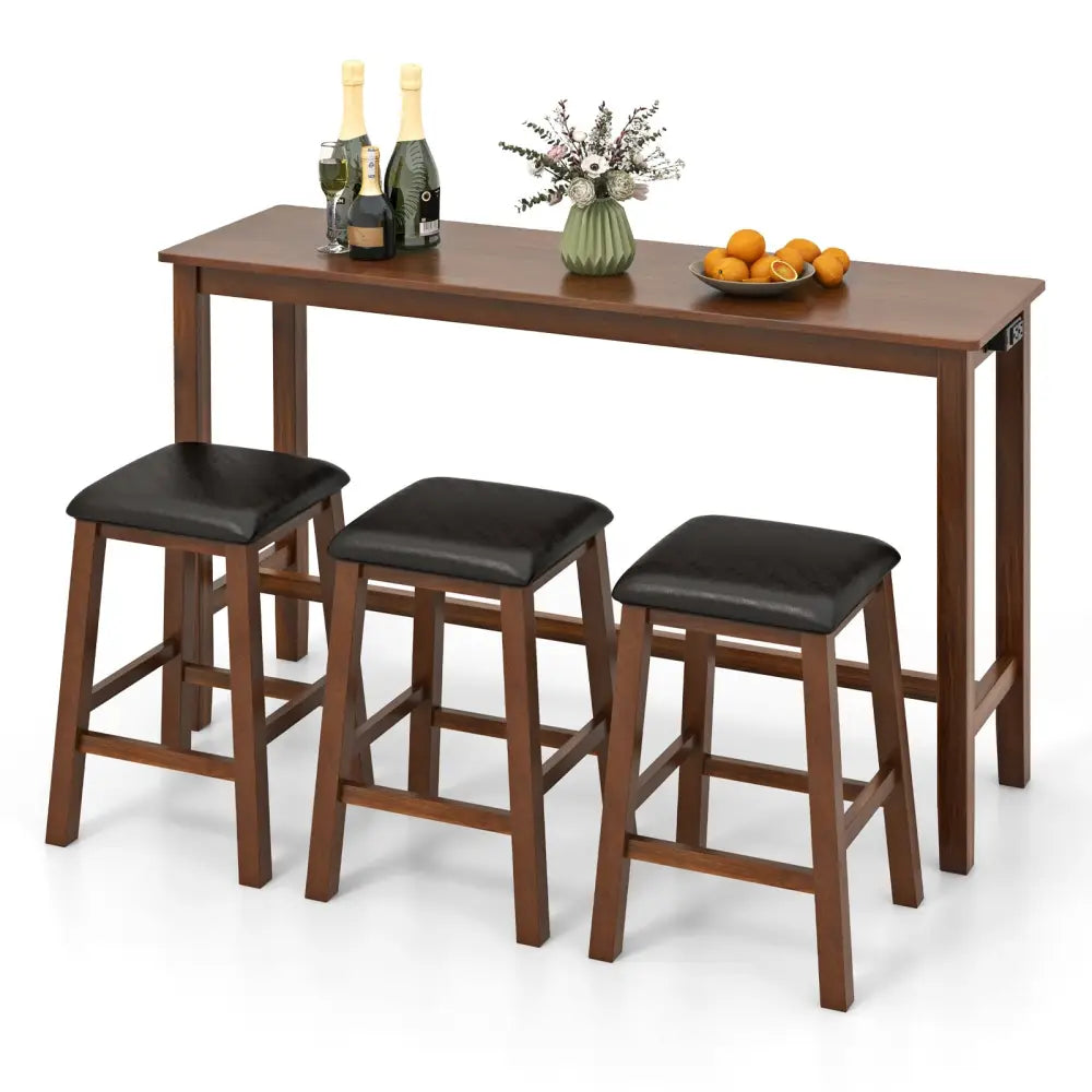 4-Piece Bar Table Set Counter-Height Table and 3 PVC Leather Upholstered Bar Stools-Brown - Brown - Dining Room Sets