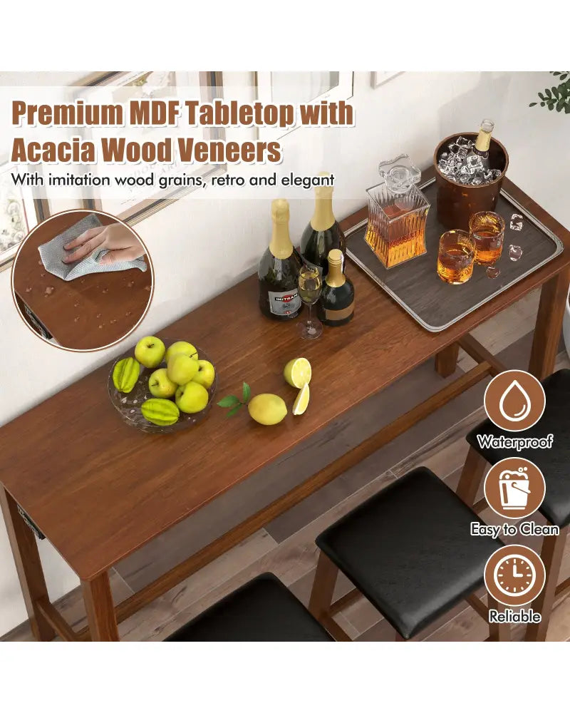 4-Piece Bar Table Set Counter-Height Table and 3 PVC Leather Upholstered Bar Stools-Brown - Brown - Dining Room Sets