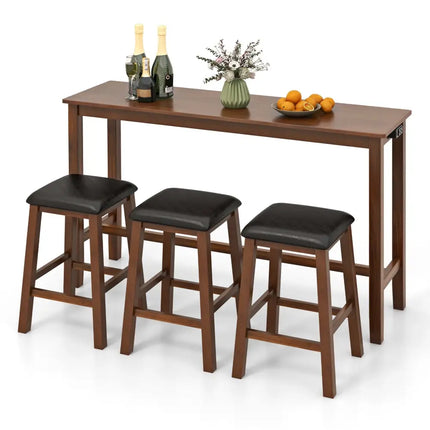 4-Piece Bar Table Set Counter-Height Table and 3 PVC Leather Upholstered Bar Stools-Brown Costway