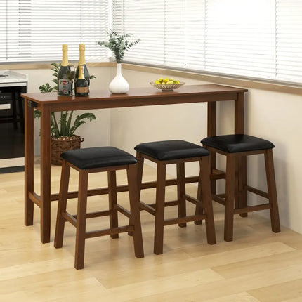 4-Piece Bar Table Set Counter-Height Table and 3 PVC Leather Upholstered Bar Stools-Brown Costway