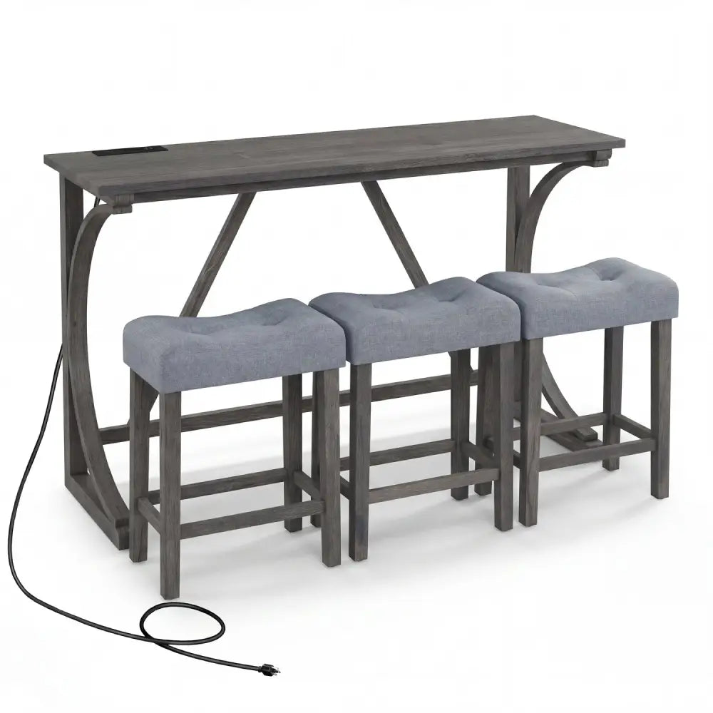 4-Piece Bar Table Set with Power Outlet and Upholstered Saddle Seat Stools-Black - Black - Dining Room Sets