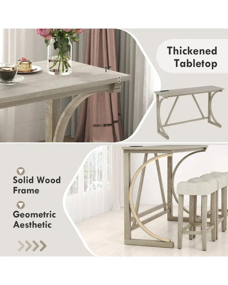 4-Piece Bar Table Set with Power Outlet and Upholstered Saddle Seat Stools-Grey and Beige - Beige & Gray - Dining Room