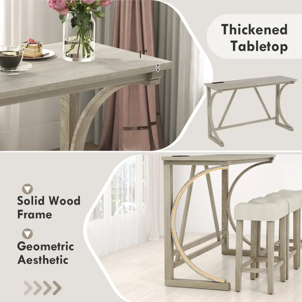 4-Piece Bar Table Set with Power Outlet and Upholstered Saddle Seat Stools-Grey and Beige - Beige & Gray - Dining Room