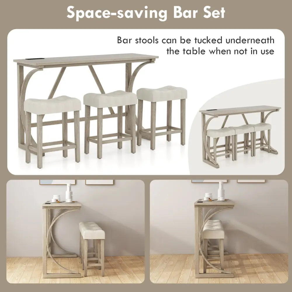 4-Piece Bar Table Set with Power Outlet and Upholstered Saddle Seat Stools-Grey and Beige - Beige & Gray - Dining Room