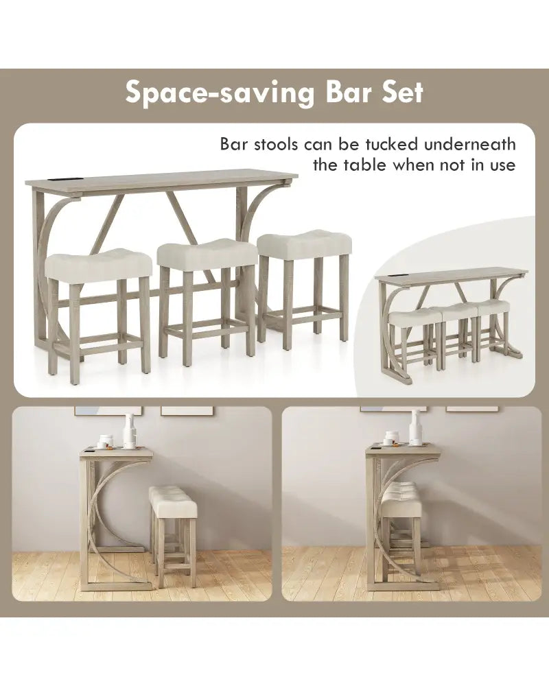 4-Piece Bar Table Set with Power Outlet and Upholstered Saddle Seat Stools-Grey and Beige - Beige & Gray - Dining Room