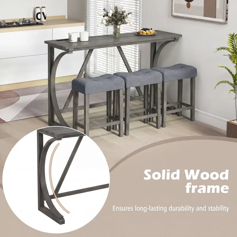 4-Piece Bar Table Set with Power Outlet and Upholstered Saddle Seat Stools-Black - Black - Dining Room Sets