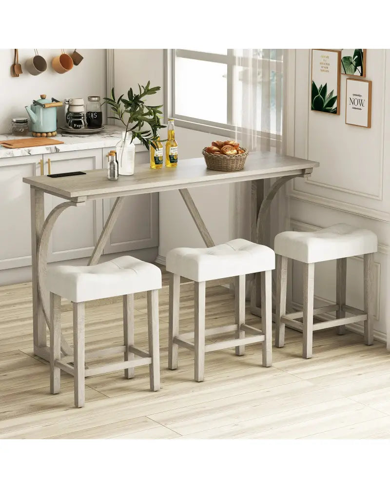 4-Piece Bar Table Set with Power Outlet and Upholstered Saddle Seat Stools-Grey and Beige - Beige & Gray - Dining Room