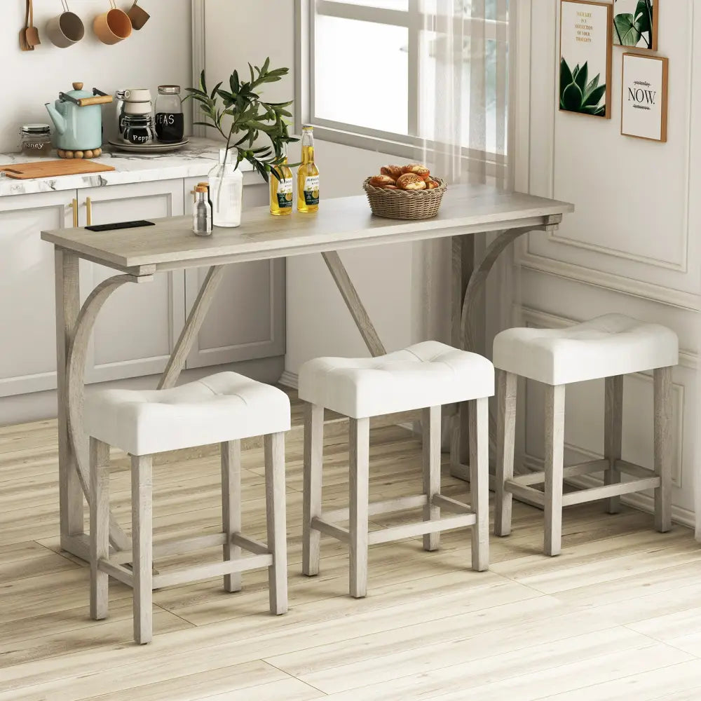 4-Piece Bar Table Set with Power Outlet and Upholstered Saddle Seat Stools-Grey and Beige - Beige & Gray - Dining Room
