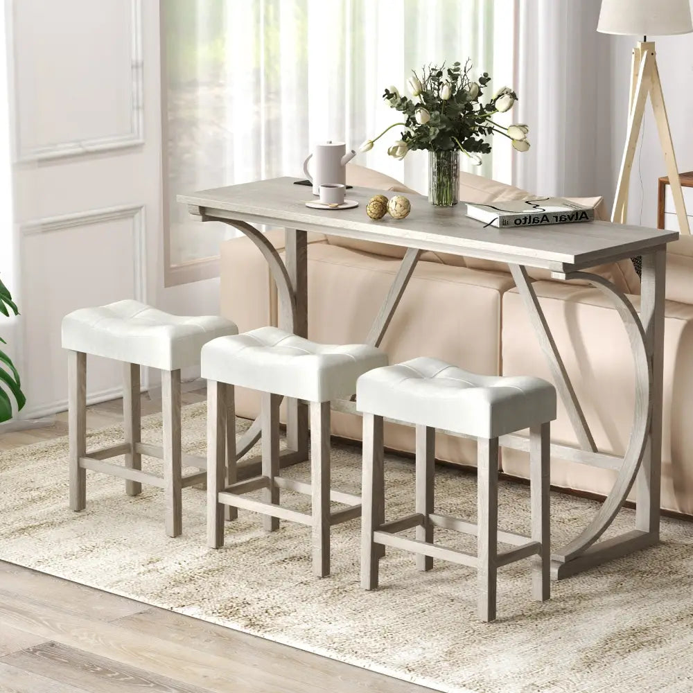 4-Piece Bar Table Set with Power Outlet and Upholstered Saddle Seat Stools-Grey and Beige - Beige & Gray - Dining Room
