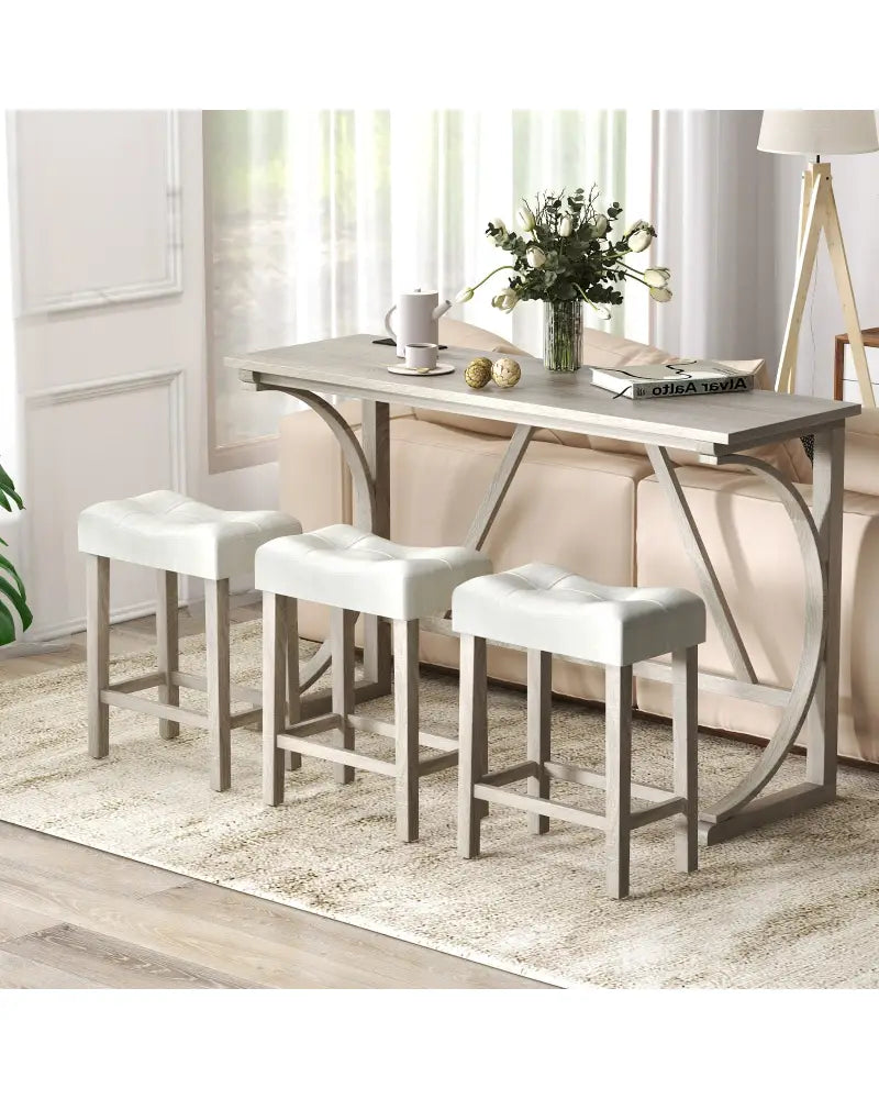 4-Piece Bar Table Set with Power Outlet and Upholstered Saddle Seat Stools-Grey and Beige - Beige & Gray - Dining Room