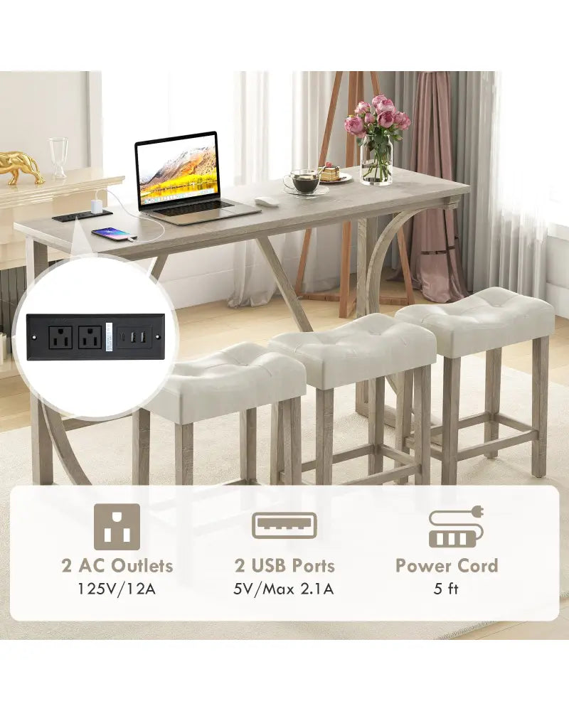 4-Piece Bar Table Set with Power Outlet and Upholstered Saddle Seat Stools-Grey and Beige - Beige & Gray - Dining Room