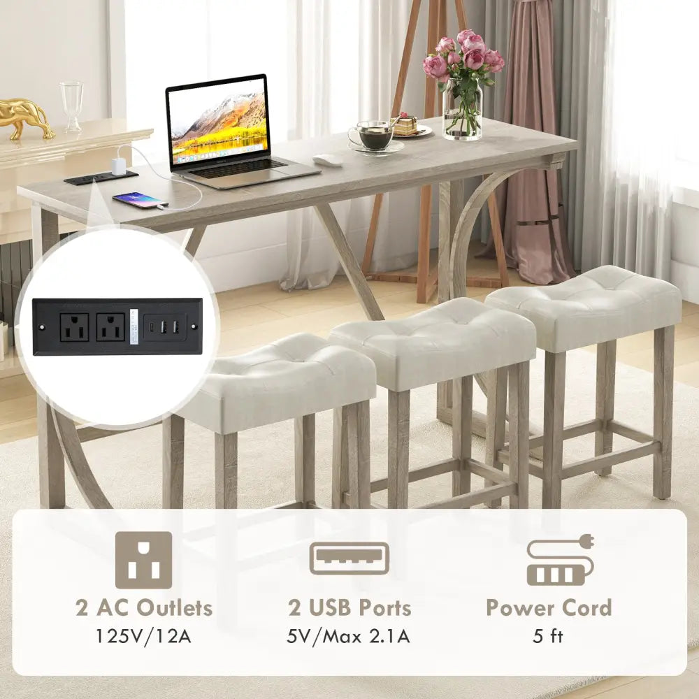 4-Piece Bar Table Set with Power Outlet and Upholstered Saddle Seat Stools-Grey and Beige - Beige & Gray - Dining Room