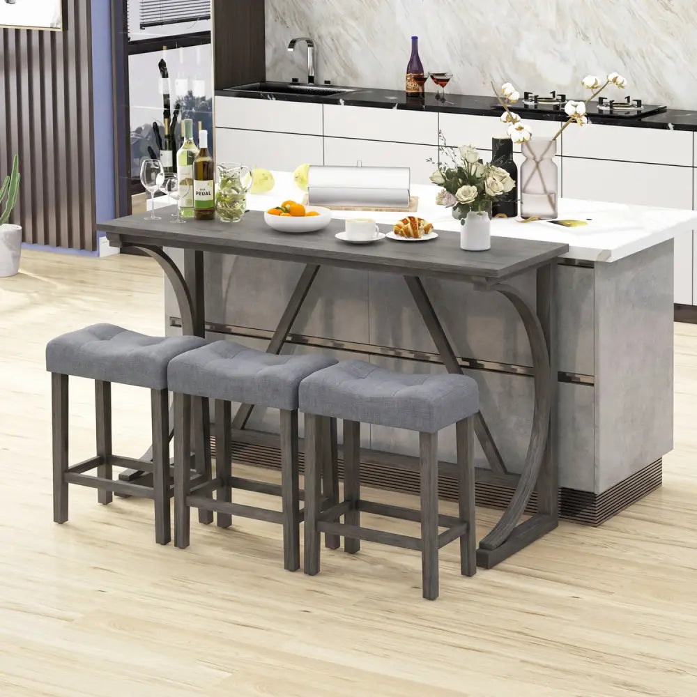 4-Piece Bar Table Set with Power Outlet and Upholstered Saddle Seat Stools-Black - Black - Dining Room Sets