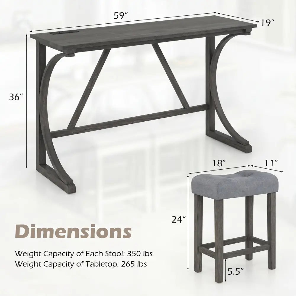 4-Piece Bar Table Set with Power Outlet and Upholstered Saddle Seat Stools-Black - Black - Dining Room Sets