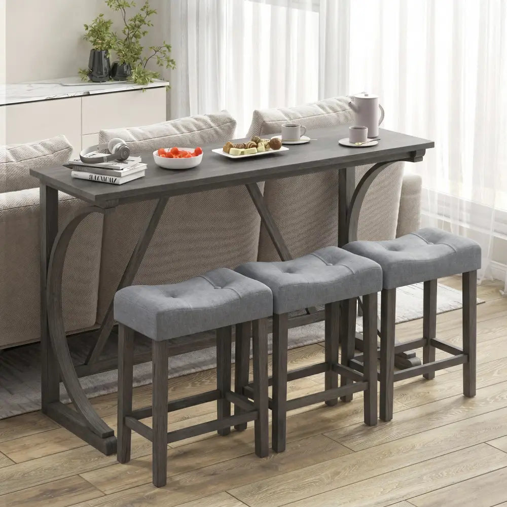 4-Piece Bar Table Set with Power Outlet and Upholstered Saddle Seat Stools-Black - Black - Dining Room Sets