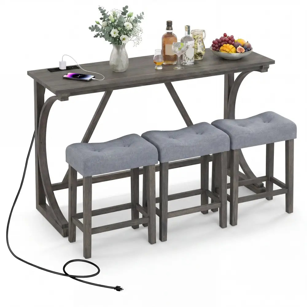 4-Piece Bar Table Set with Power Outlet and Upholstered Saddle Seat Stools-Black - Black - Dining Room Sets