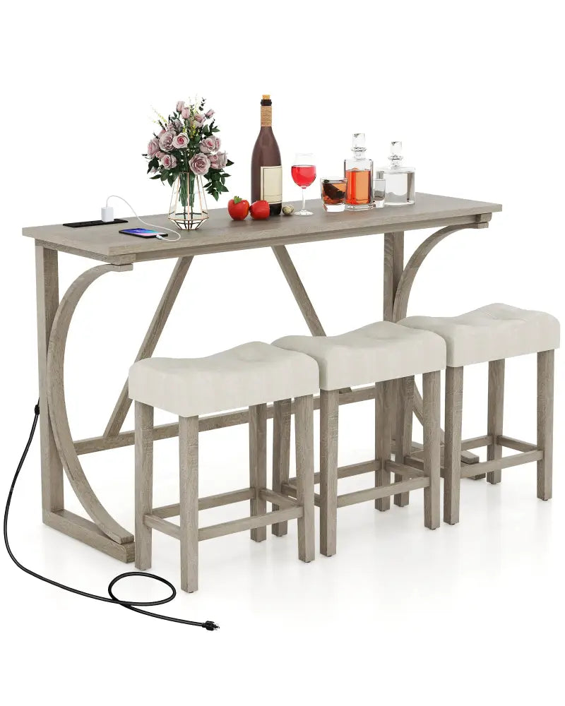4-Piece Bar Table Set with Power Outlet and Upholstered Saddle Seat Stools-Grey and Beige - Beige & Gray - Dining Room