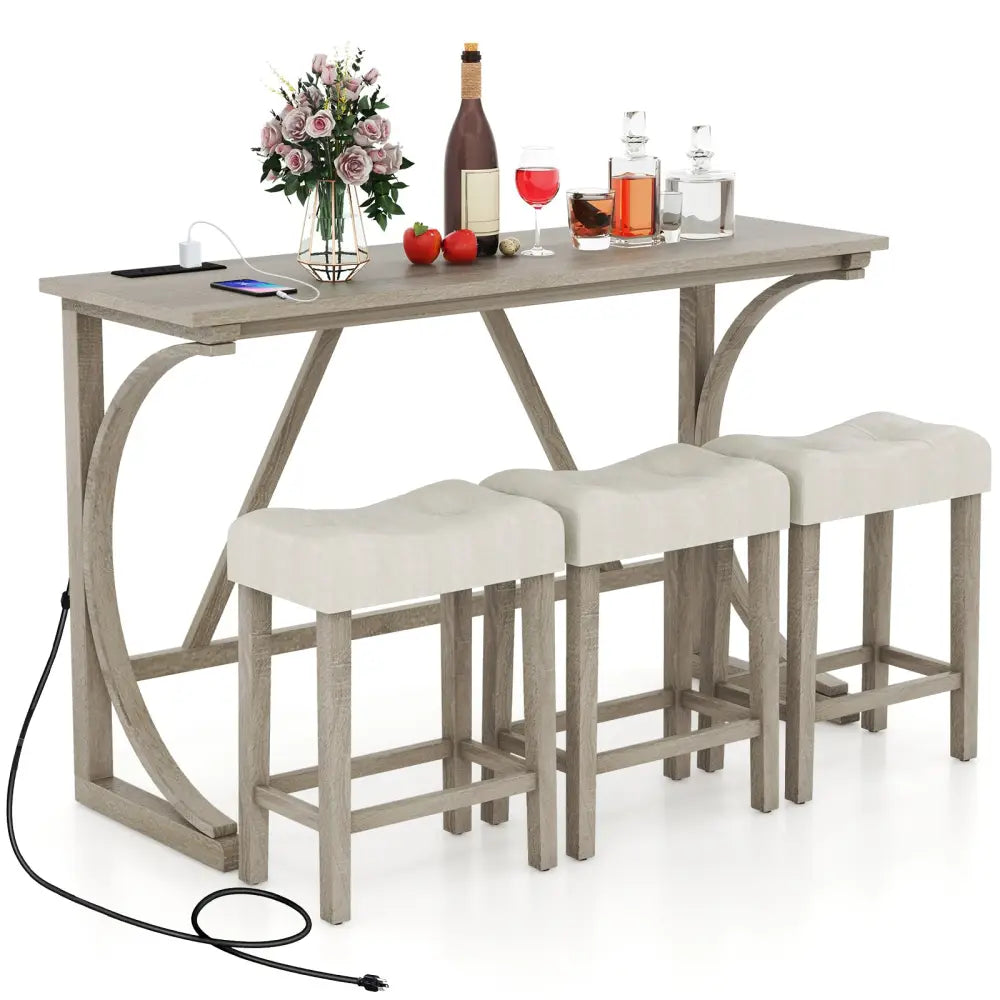 4-Piece Bar Table Set with Power Outlet and Upholstered Saddle Seat Stools-Grey and Beige - Beige & Gray - Dining Room
